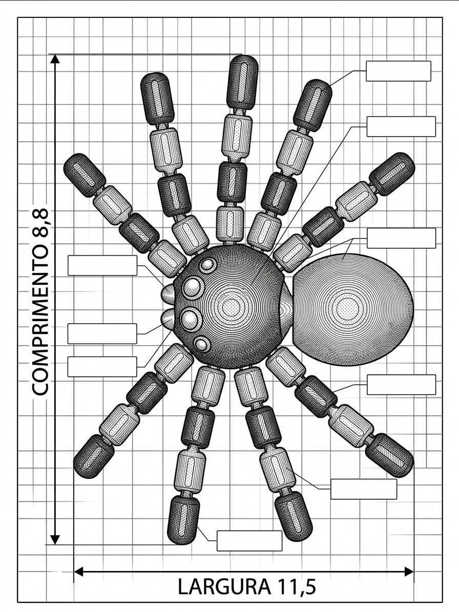 Aranha Articulada Flexível 3D — dimensões