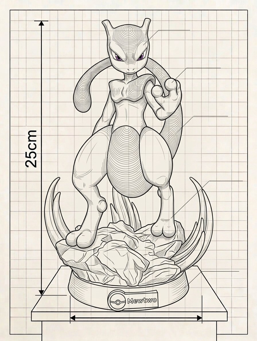 Mewtwo — Estátua 3D Pokémon — dimensões