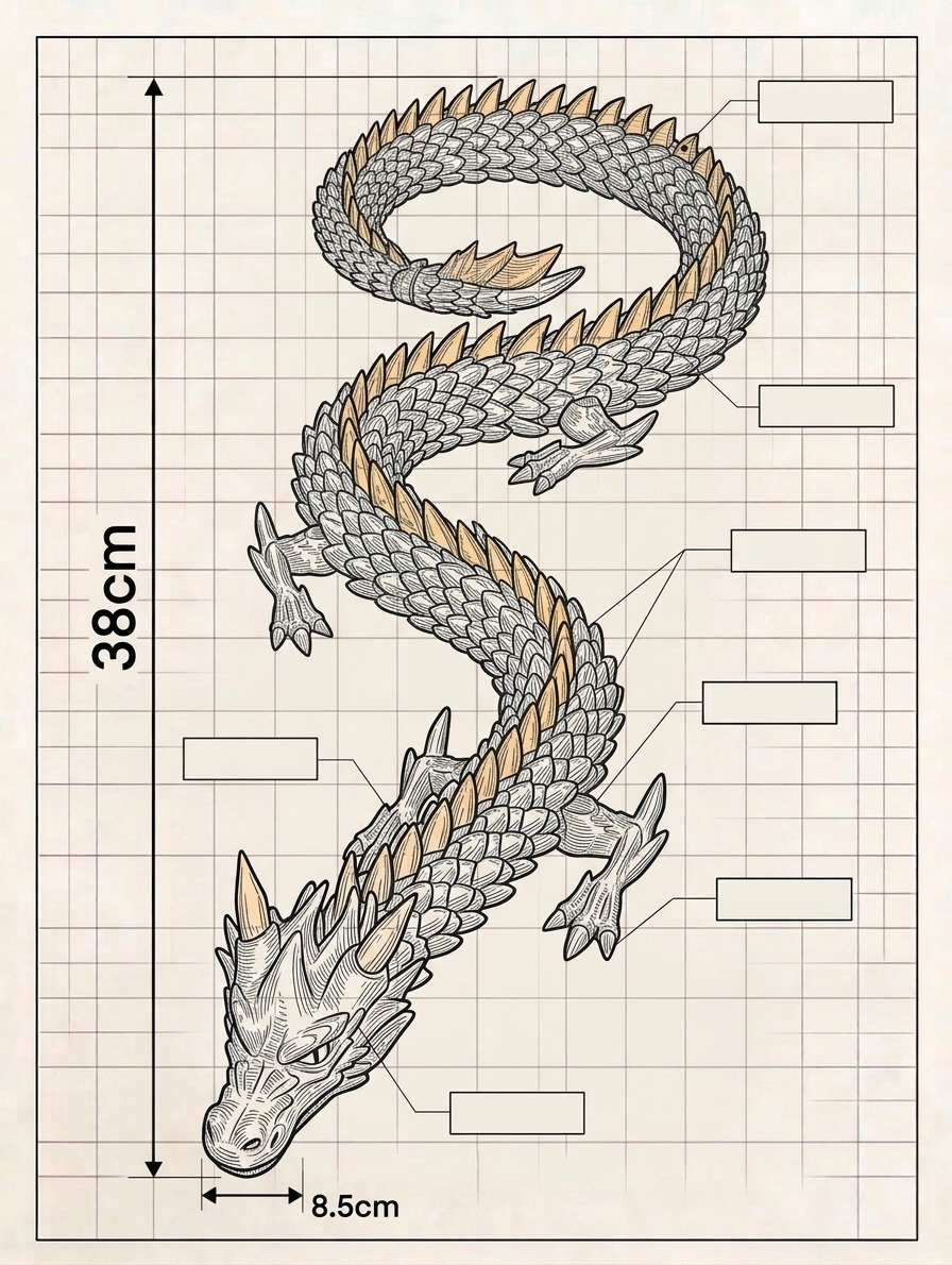 Dragão Articulado 3D – Azul e Laranja — dimensões