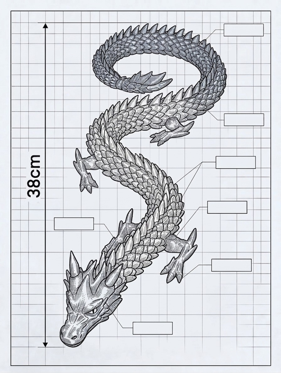 Dragão Articulado 3D – Cristais Brilhantes — dimensões
