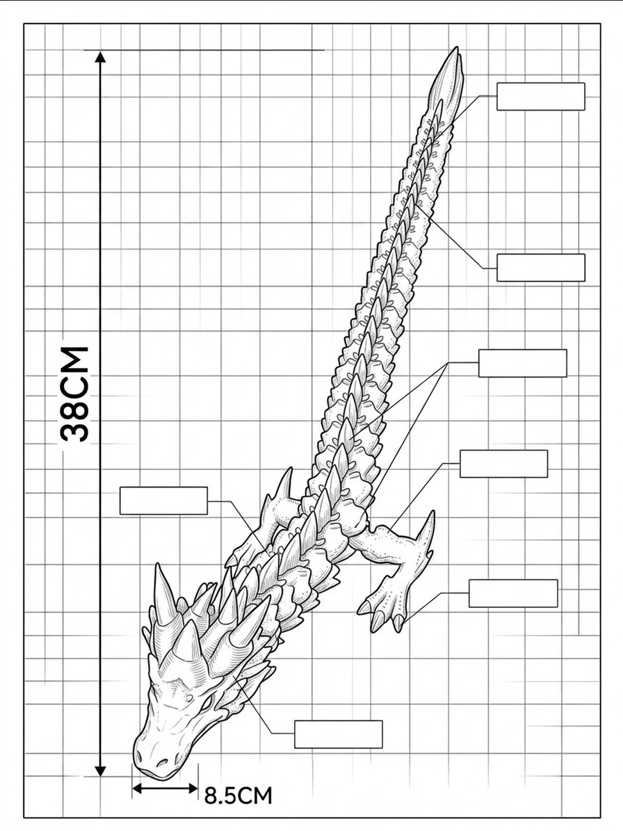 Dragão Articulado 3D Tricolor – Corpo Glow — dimensões