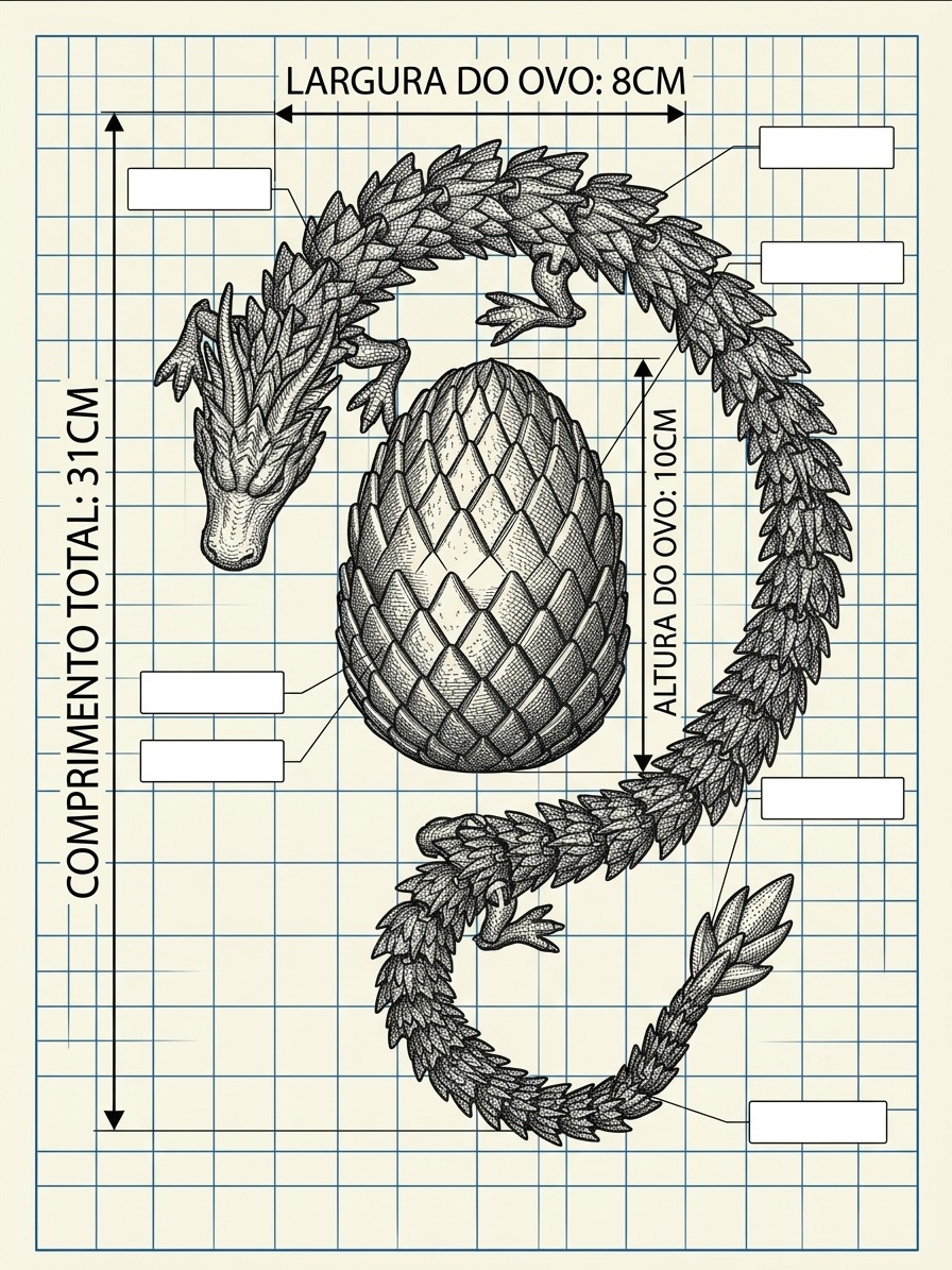 Kit Dragão Articulado 3D + Ovo — Efeito Camaleão — dimensões